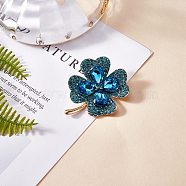 Cubic Zirconia Clover Brooch Pin, Golden Alloy Badge for Backpack Clothes, Deep Sky Blue, 42x44mm(JBR105E)