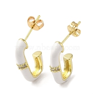 Real 18K Gold Plated Brass Oval Stud Earrings, Half Hoop Earrings with Enamel and Cubic Zirconia, White, 17x3.5mm(EJEW-L268-020G-03)