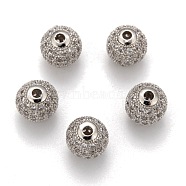 Cubic Zirconia Beads, with Brass Findings, Round, Clear, Platinum, 10x9mm(ZIRC-C017-10mm-P)