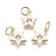 Brass Micro Pave Cubic Zirconia Charms, with Jump Ring, Long-Lasting Plated, Star, Real 18K Gold Plated, Clear, 10x9x2mm, Hole: 3mm(ZIRC-F111-09G-08)