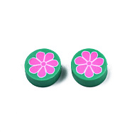 Handmade Polymer Clay Beads, Flat Round with Flower, Sea Green, 9~10x4~4.5mm, Hole: 1.2~1.8mm(CLAY-N011-56-03)