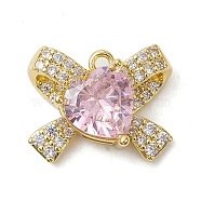 Rack Plating Brass Micro Pave Pink Cubic Zirconia Pendants, Long-Lasting Plated, Lead Free & Cadmium Free, Bowknot, Pink, 13x16.3x6mm, Hole: 1.4mm(KK-H463-10G-02)