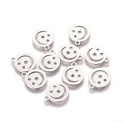 Non-Tarnish 304 Stainless Steel Charms, Laser Cut, Flat Round with Moon and Star, Stainless Steel Color, 14x12x1.2mm, Hole: 1.5mm(STAS-Q201-T106)