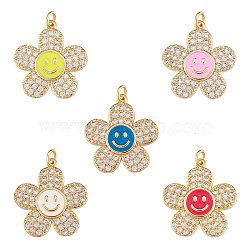 5Pcs 5 Colors Brass Micro Pave Clear Cubic Zirconia Pendants, with Enamel and Jump Rings, Long-Lasting Plated, Flower with Smiling Face, Real 18K Gold Plated, 24x22x3mm, Hole: 3mm, 1pc/color(ZIRC-SZ0003-95)