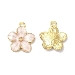 Alloy Enamel Pendants, Cadmium Free & Nickel Free & Lead Free, Golden, Flower Charm, Pink, 16x14x2.4mm, Hole: 1.5mm(ENAM-F144-15B)