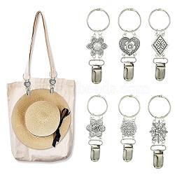 6Pcs 6 Styles Alloy Hat Clip for Travel, with Split Key Rings, Antique Silver & Platinum, Mixed Shapes, 98~108mm, 1pc/style(FIND-CJ0004-02)