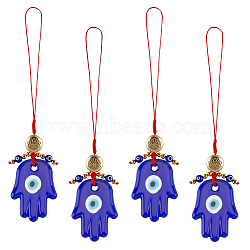 AHADEMAKER 4Pcs Handmade Evil Eye Lampwork Pendant Decorations, with Braided Nylon Thread and Lotus Pattern Alloy Beads, Buddha Hand, Medium Blue, 133mm(HJEW-GA0001-19)