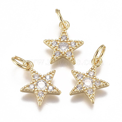 Brass Micro Pave Cubic Zirconia Charms, with Jump Ring, Long-Lasting Plated, Pentagram Star, Clear, Real 18K Gold Plated, 12x10x2mm, Hole: 3mm(ZIRC-F111-11G)