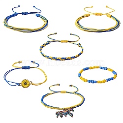 Waxed Polyester Braided Cord Bracelets Set, Friendship Woven Bracelets, String Bracelets, Glass Seed Beads Stretch Bracelets, Horse & Sunflower Alloy Charms Bracelets for Women, Yellow, Inner Diameter: 2-1/8~4-1/2 inch(5.5~11.5cm), 6pcs/set(BJEW-SW00024)