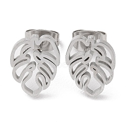 Non-Tarnish 304 Stainless Steel Stud Earrings, Hollowe Oak Leaf, Stainless Steel Color, 11.5x9mm(EJEW-B022-08P)