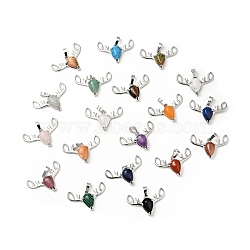 Natural & Synthetic Mixed Gemstone Pendants, with Platinum Tone Brass Findings, Lead Free & Cadmium Free, Deer Head Charms, Mixed Dyed and Undyed, 23~24x34x7.5mm, Hole: 5x8mm(G-G871-03P)