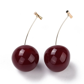 Lifelike Cherry Resin Dangle Stud Earrings, Fruit Brass Earrings for Girl Women, Light Gold, Dark Red, 56mm, Pin: 0.6mm