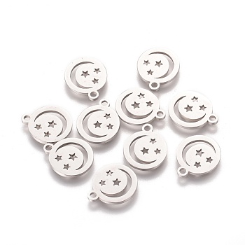 304 Stainless Steel Charms, Laser Cut, Flat Round with Moon and Star, Stainless Steel Color, 14x12x1.2mm, Hole: 1.5mm