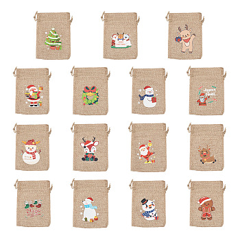 30Pcs 15 Styles Rectangle Jute Cloth Storage Pouches, Drawstring Bags, Santa Claus & Christmas Tree & Snowman & Christmas Wreath & Reindeer/Stag, Tan, Mixed Color, 13.7~14.3x9.9~10.1x0.25cm, 2pcs/style 