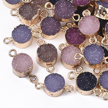 Druzy Resin Links connectors, with Edge Light Gold Plated Iron Loops, Flat Round, Mixed Color, 18~19x10x6.5mm, Hole: 1.8mm