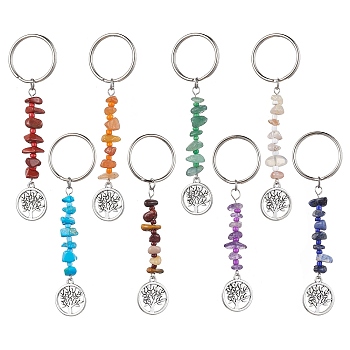 8Pcs Tree of Life Tibetan Style Alloy Pendant Keychains, with Natural Gemstone Chip Beads and Iron Split Key Rings, Antique Silver & Platinum, 9~9.3cm