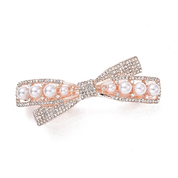 Alloy Crystal Rhinestone Hair Barrettes, with Imitation Pearl Beads, Bowknot, Rose Gold, 30x75x23.5mm