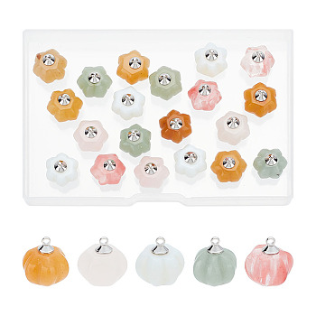 20Pcs Natural & Synthetic Mixed Gemstone Pumpkin Charms, with Platinum Plated Brass Pendant Bails, 13.5x14mm, Hole: 1.6mm
