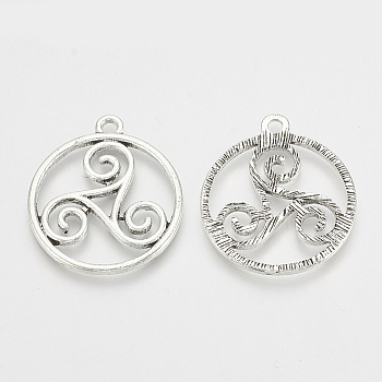 Tibetan Style Alloy Pendants, Flat Round with Triskelion, Antique Silver, 31x27x2mm, Hole: 2mm