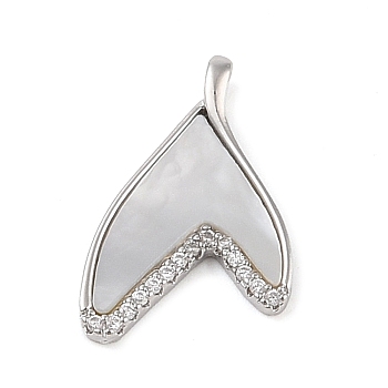 Brass Micro Pave Clear Cubic Zirconia Pendants, Natural White Shell Whale Tail Charms, Real Platinum Plated, 20x13x1.8mm, Hole: 2.5x1.5mm