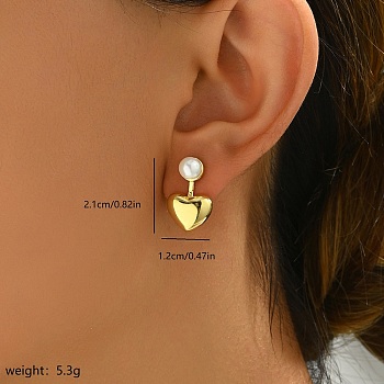 Elegant French Style Copper & Imitation Pearl Stud Earrings for Women, Golden, Heart, 21x12mm