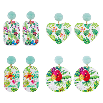 4 Pairs 4 Style Flower Enamel Dangle Stud Earrings, Acrylic Long Drop Earrings for Women, Rectangle & Heart & Oval & Flat Round, Mixed Color, 50~56x24~40mm, 1 pair/style