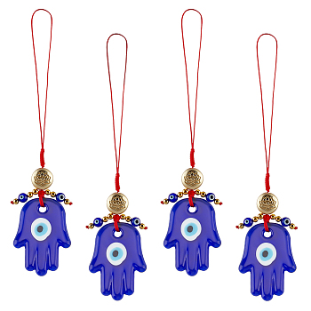 AHADEMAKER 4Pcs Handmade Evil Eye Lampwork Pendant Decorations, with Braided Nylon Thread and Lotus Pattern Alloy Beads, Buddha Hand, Medium Blue, 133mm