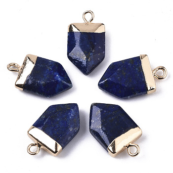 Natural Lapis Lazuli Pointed Pendants, with Light Gold Plated Top and Brass Loop, Arrow, Faceted, 19x10.5x4.5mm, Hole: 1.8mm