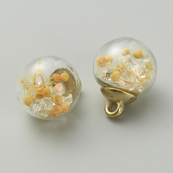 Transparent Glass Globe Pendants, with Dried Flower Inside and Golden ABS Plastic Pendant Bails, Round, PapayaWhip, 21x16mm, Hole: 2.2mm