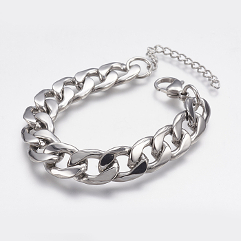 Men's 304 Stainless Steel Curb Chain Bracelets, with Lobster Claw Clasps, Cuban Link Chain Bracelets, Stainless Steel Color, 6-3/4 inch(170mm), 11.5mm