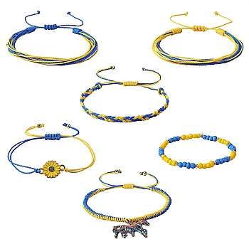 Waxed Polyester Braided Cord Bracelets Set, Friendship Woven Bracelets, String Bracelets, Glass Seed Beads Stretch Bracelets, Horse & Sunflower Alloy Charms Bracelets for Women, Yellow, Inner Diameter: 2-1/8~4-1/2 inch(5.5~11.5cm), 6pcs/set