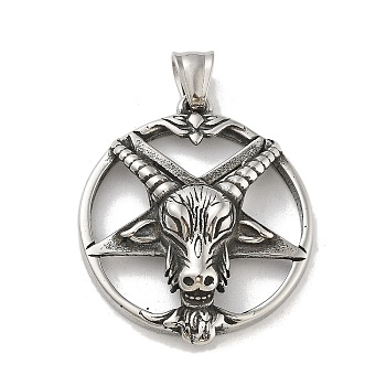 304 Stainless Steel Pendants, Antique Silver, Flat Round with Star Charm, Cattle, 41x35.5x9.5mm, Hole: 8x5mm