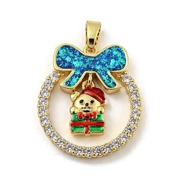 Christmas Brass Micro Pave Cubic Zirconia Pendant, with Enamel and Synthetic Opal, Christmas Wreath, Deep Sky Blue, 25.5x22.5x4mm, Hole: 5x3mm