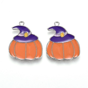 Halloween Theme Alloy Enamel Pendants, Orange Pumpkin with Purple Magic Hat, Platinum, 22x18.5x1.5mm, Hole: 1.6mm