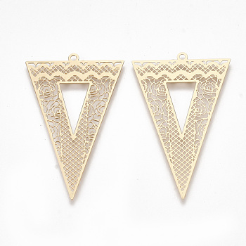 Brass Pendants, Etched Metal Embellishments, Triangle, Light Gold, 42x26x0.3mm, Hole: 1.5mm