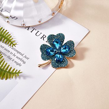 Cubic Zirconia Clover Brooch Pin, Golden Alloy Badge for Backpack Clothes, Deep Sky Blue, 42x44mm