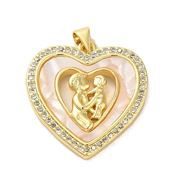 Mother's Day Brass Micro Pave Clear Cubic Zirconia Pendants, Real 16K Gold Plated, with Shell, Heart, 26.5x25x4mm, Hole: 4x3.5mm