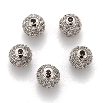 Cubic Zirconia Beads, with Brass Findings, Round, Clear, Platinum, 10x9mm