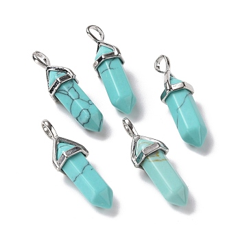 Synthetic Turquoise Pendants, Faceted, with Platinum Tone Brass Findings, Lead free & Cadmium Free, Bullet, 27~30x9~10x7~8mm, Hole: 4x3mm