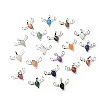 Natural & Synthetic Mixed Gemstone Pendants, with Platinum Tone Brass Findings, Lead Free & Cadmium Free, Deer Head Charms, Mixed Dyed and Undyed, 23~24x34x7.5mm, Hole: 5x8mm