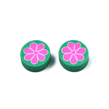 Handmade Polymer Clay Beads, Flat Round with Flower, Sea Green, 9~10x4~4.5mm, Hole: 1.2~1.8mm