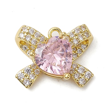 Rack Plating Brass Micro Pave Pink Cubic Zirconia Pendants, Long-Lasting Plated, Lead Free & Cadmium Free, Bowknot, Pink, 13x16.3x6mm, Hole: 1.4mm
