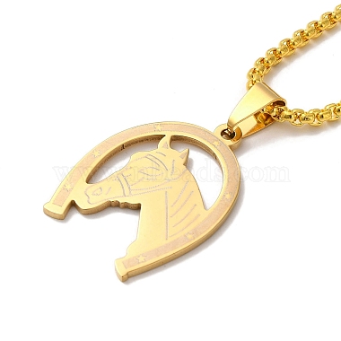 Horseshoe with Horse Head 201 Stainless Steel Pendant Necklace with Iron Box Chains(NJEW-D048-01G)-2