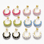 Brass Stud Earrings, Half Hoop Earrings, with Enamel and Earring Backs, Golden, Bamboo Shape, Mixed Color, 21x16.5x3.5mm, Pin: 0.7mm(EJEW-S209-10)