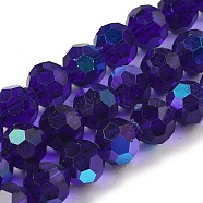 Electroplate Transparent Glass Beads Strands, Faceted, Round, Rainbow Plated, Dark Blue, 10mm, Hole: 1.2mm, about 65~69pcs/strand, 23.03~24.49 inch(58.5~62.2cm)(EGLA-A035-T10mm-L06)