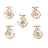 Rhombus Shell Toggle Clasps, with Brass Crystal Rhinestone Findings, Real 18K Gold Plated, Rhombus Clasps: 24x20.5x5.5mm, T Clasps: 3x12.5x2.5mm, Pin: 0.7mm, Hole: 4mm(KK-P223-09G)