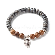 Reiki Natural Labradorite & Wenge Wood Beads Stretch Bracelet, Leaf Alloy Charm Bracelet for Girl Women, Inner Diameter: 2-1/8 inch(5.3cm)(BJEW-JB06896-02)