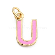 Rack Plating Brass Pendants, with Enamel and Jump Ring, Cadmium Free & Lead Free, Long-Lasting Plated, Real 18K Gold Plated, Letter, Letter U, 11.5x7x1mm, Hole: 2.5mm(KK-C065-02U-G)