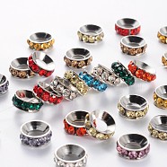 Brass Rhinestone Spacer Beads, Rondelle, Mixed, Nickel Color, about 10mm in diameter, 4mm thick, hole: 5mm(RSB097)