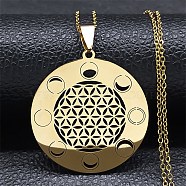304 Stainless Steel Necklaces, Flat Round with Flower of Life Pendant Necklaces, Golden, 19.76 inch(50.2cm)(NJEW-Q338-01G)